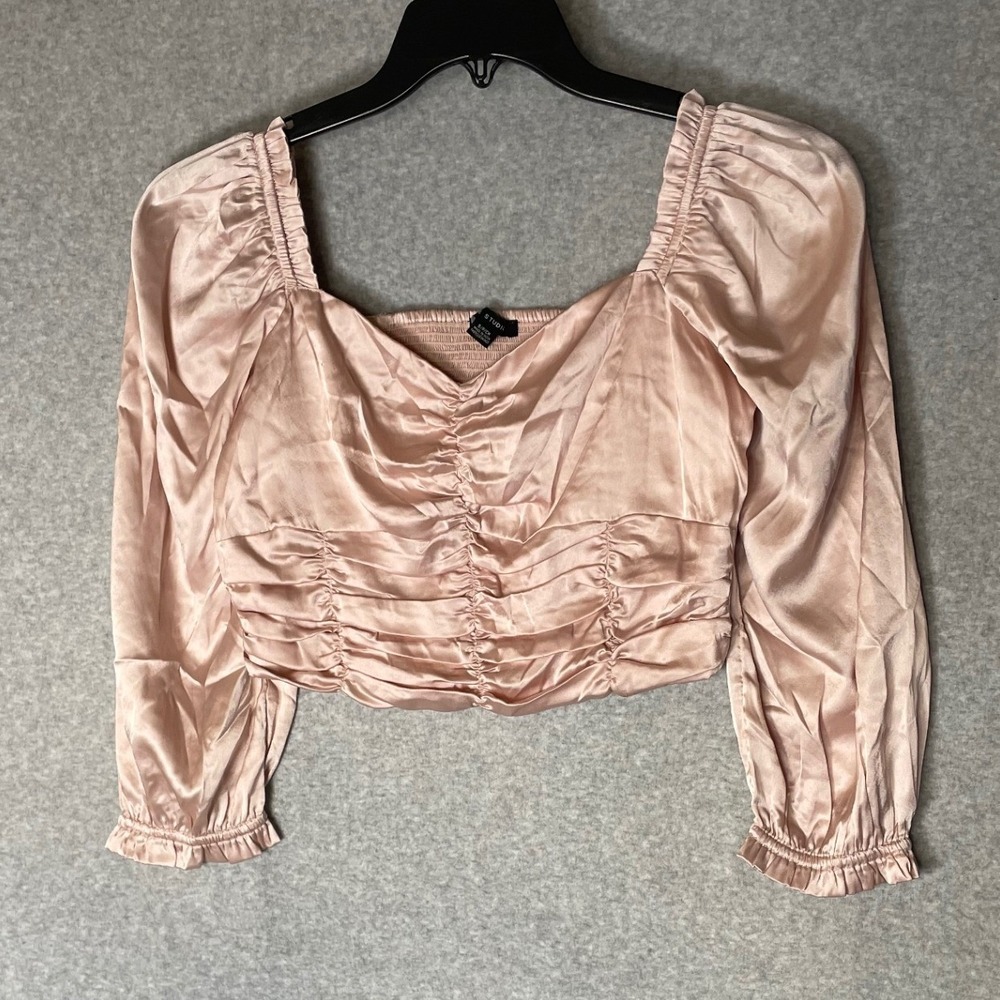AE Studio Pink‎ Satin Ruched Smocked Square Neck Crop Top Coquette Womens Small